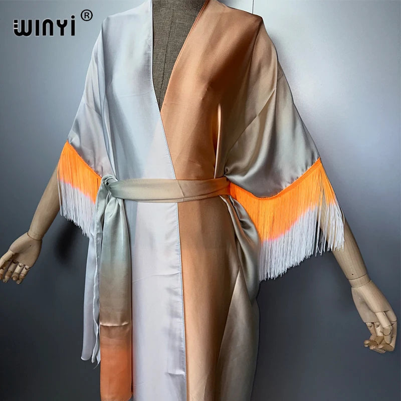 WINYI kimono cover-ups summer boho Gradual fringe print Bikini Cover-up Elegant fashion Cardigan sexy Holiday tassels maxi dress