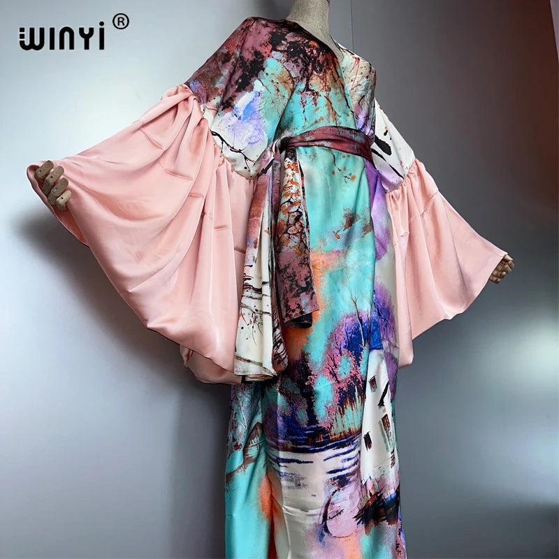 WINYI Summer Kimono party dress Beach Wear Swim Suit Cover up Africa women loose puff(ed) sleeves Cardigan boho Holiday kaftan