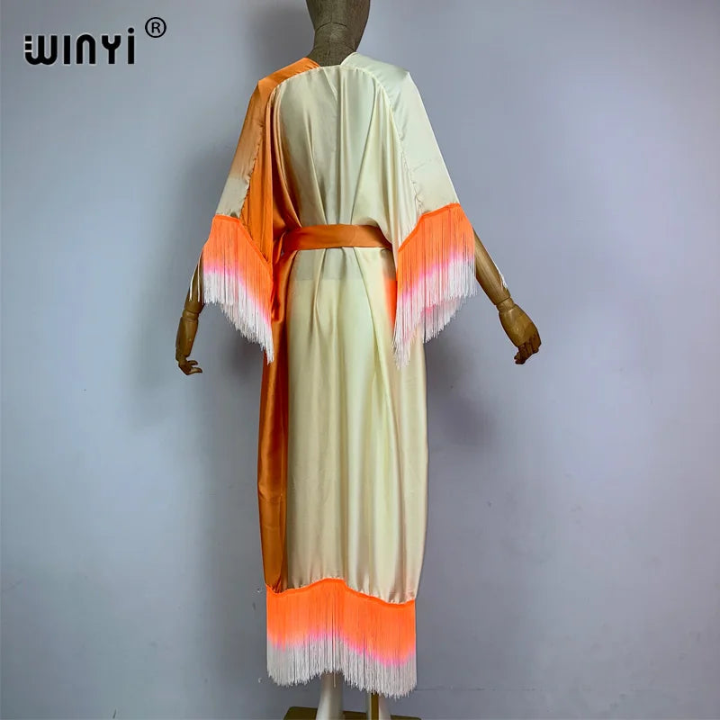 WINYI kimono cover-ups summer boho Gradual fringe print Bikini Cover-up Elegant fashion Cardigan sexy Holiday tassels maxi dress