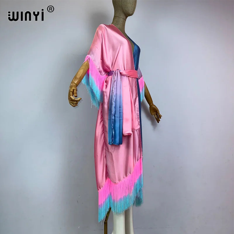 WINYI kimono cover-ups summer boho Gradual fringe print Bikini Cover-up Elegant fashion Cardigan sexy Holiday tassels maxi dress
