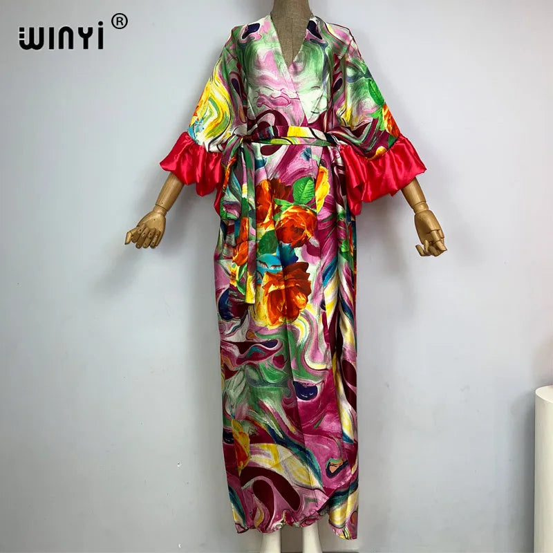 WINYI Fashion print Self Belted dress Women Elegant Summer holiday Bubble sleeve cardigan beach Wear Swim Suit cover up kimono