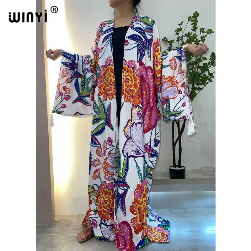 WINYI 2022 fashion Summer Women Cardigan Nature series elegant sexy Boho Maxi African Holiday kaftan Batwing Sleeve kimono