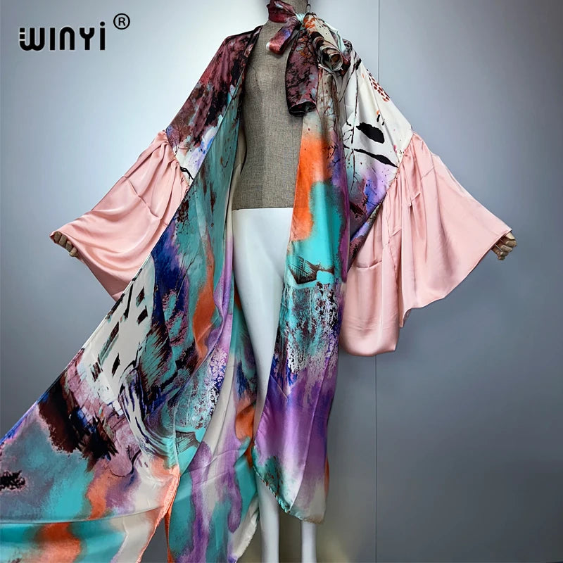 WINYI Summer Kimono party dress Beach Wear Swim Suit Cover up Africa women loose puff(ed) sleeves Cardigan boho Holiday kaftan