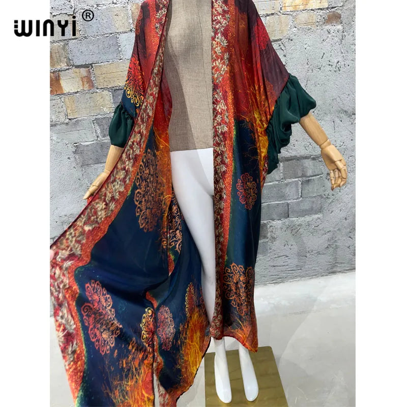 WINYI Fashion print Self Belted dress Women Elegant Summer holiday Bubble sleeve cardigan beach Wear Swim Suit cover up kimono