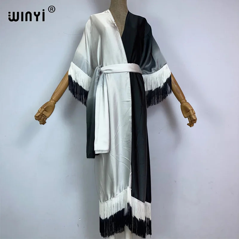 WINYI kimono cover-ups summer boho Gradual fringe print Bikini Cover-up Elegant fashion Cardigan sexy Holiday tassels maxi dress