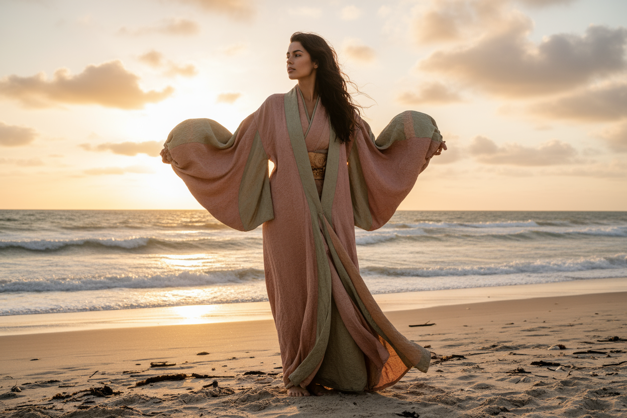 woman wearing muted colour kimpno with batwing puffball sleeves on the beach